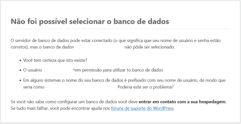 Não foi possível selecionar o banco de dados